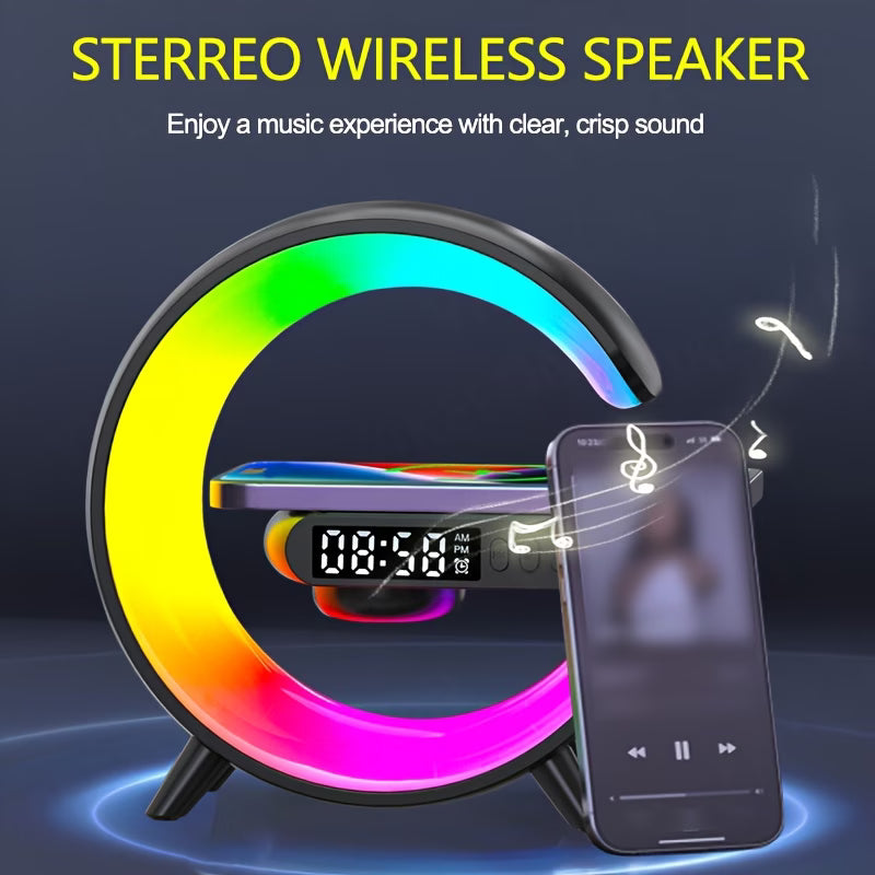 LUMISOUND 4in1 – Lampă Smart LED cu RGB, Boxă Bluetooth, Ceas și Încărcător Wireless