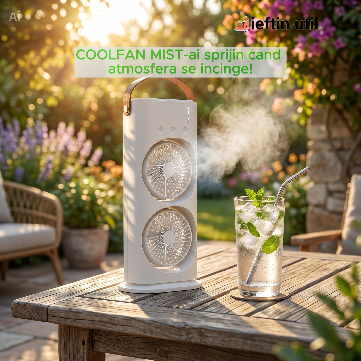 COOLFAN MIST – Ventilator Portabil cu Pulverizare 360°, USB, 3 Trepte, Lumină Ambientală