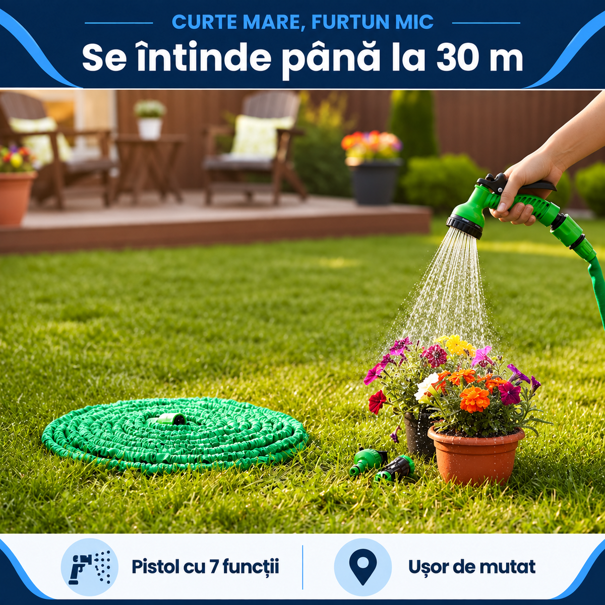 FURTUN EXTENSIBIL 30M CU PISTOL - UDARE UȘOARĂ (AQUAFLEX)