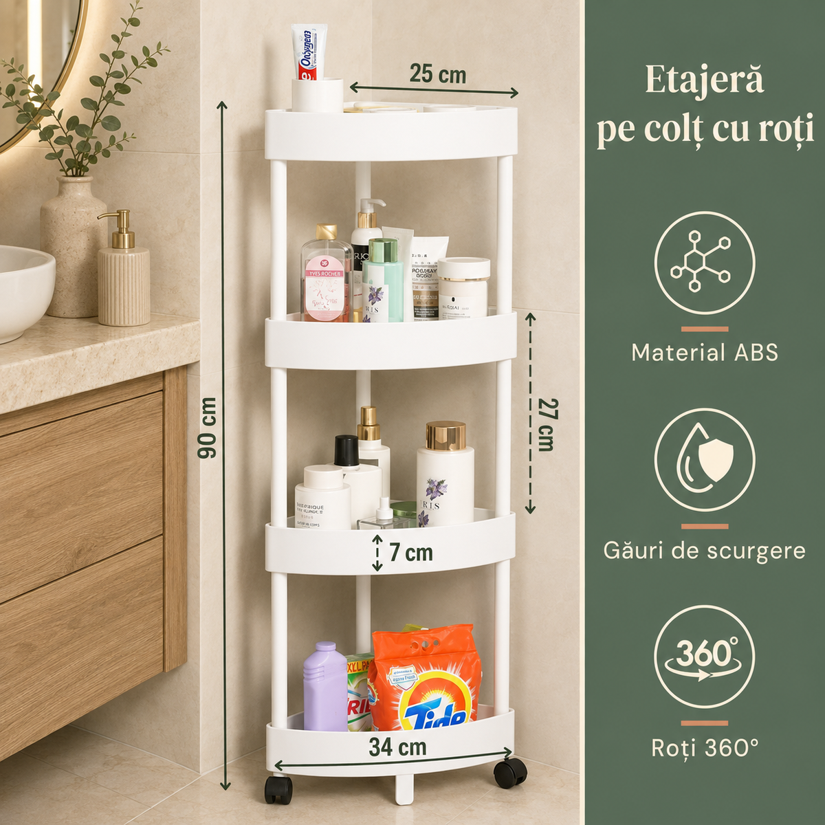 ETAJERĂ PE COLȚ CU 4 RAFTURI ȘI ROȚI - SPAȚIU ALB/NEGRU 90CM (TRICORNER)