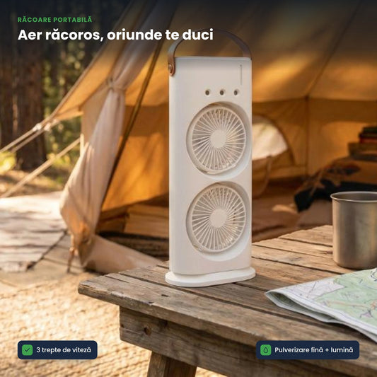 COOLFAN MIST – Ventilator Portabil cu Pulverizare 360°, USB, 3 Trepte, Lumină Ambientală