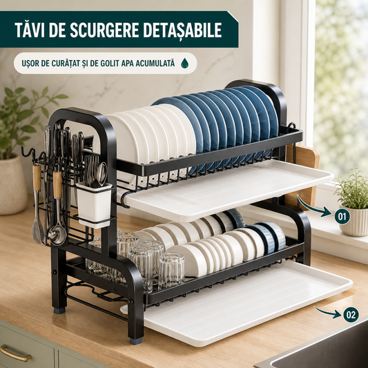 SUPORT VASE PENTRU CHIUVETĂ CU TĂVI DETAȘABILE - BUCĂTĂRIE ORDONATĂ (SINKORGANIZER)