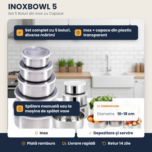 INOXBOWL 5 – Set 5 Boluri din Inox cu Capace, pentru Depozitare și Servire