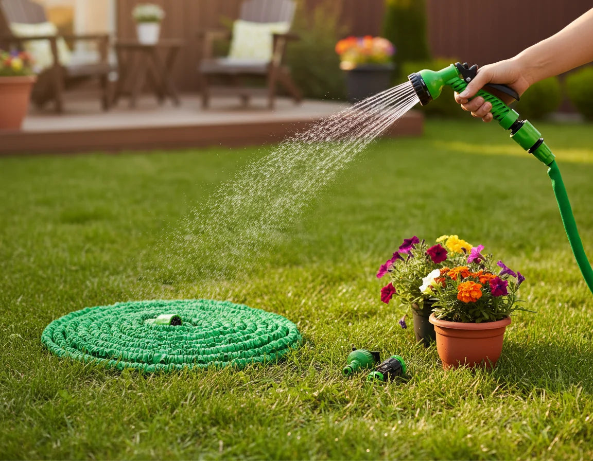 AQUAFLEX 30M – Furtun de Grădină Extensibil cu Pistol 7 Funcții