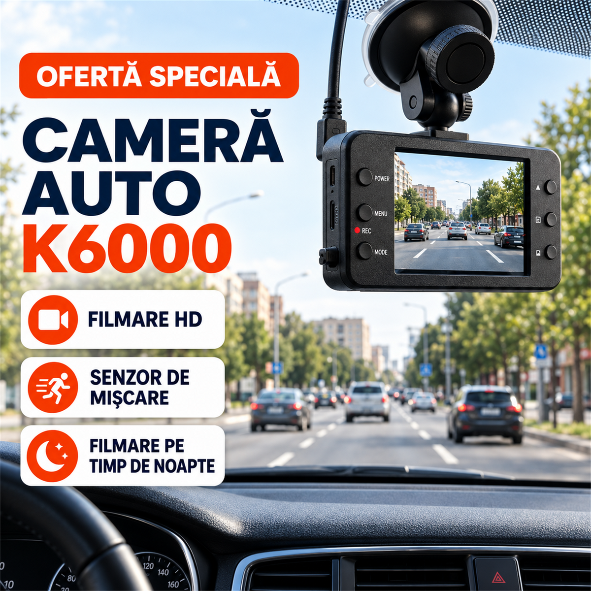 CAMERĂ AUTO HD CU SENZOR DE MIȘCARE - FILMARE ȘI NOAPTEA (K6000)