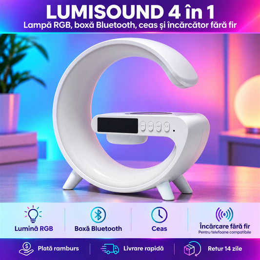 LAMPĂ SMART 4-ÎN-1, LED + BOXĂ BLUETOOTH - AMBIANȚĂ INSTANT (LUMISOUND)