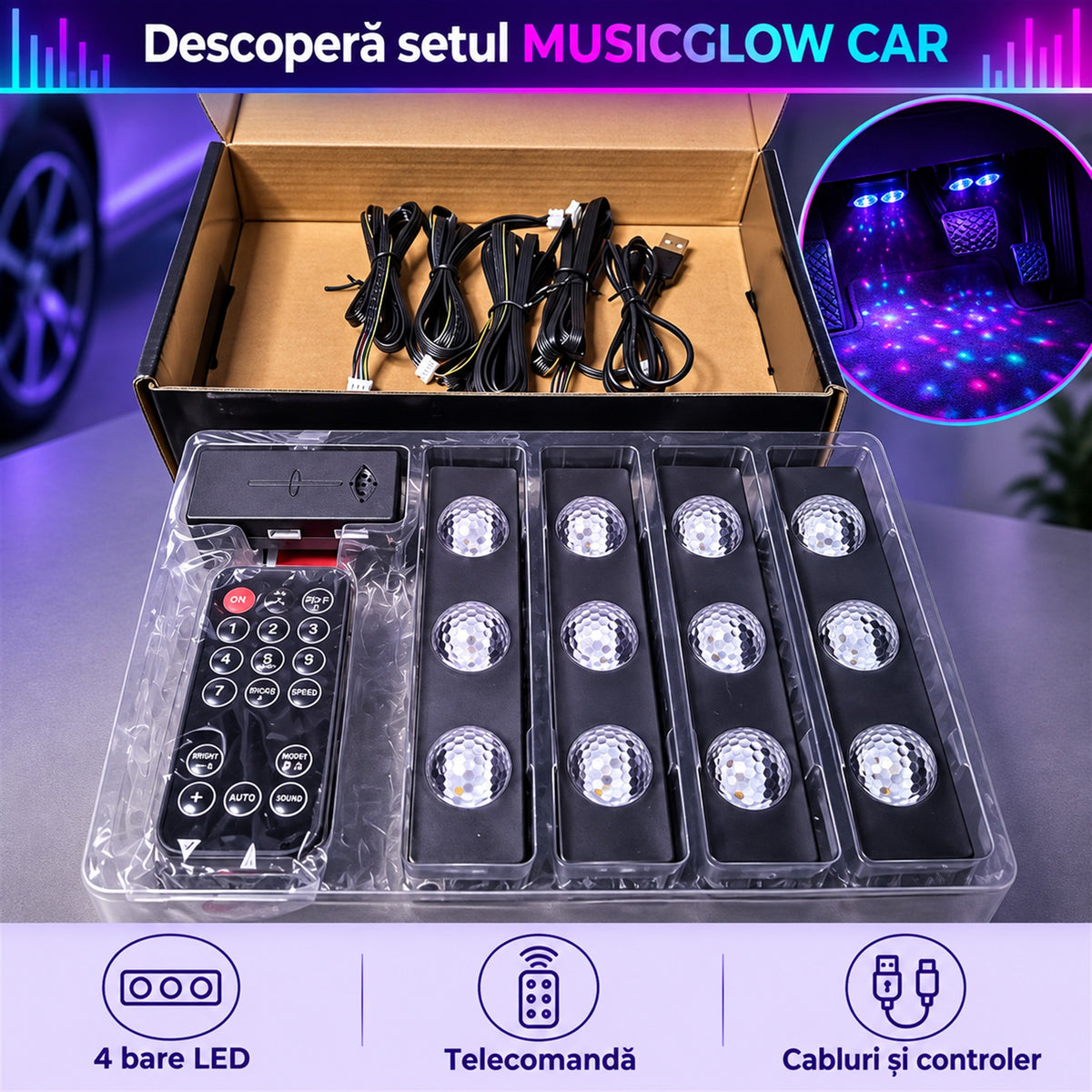 LUMINI LED AUTO 7 CULORI CU CONTROL MUZICAL - AMBIANȚĂ ÎN MAȘINĂ (MUSICGLOW)