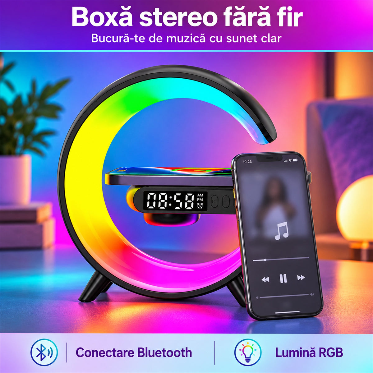 LAMPĂ SMART 4-ÎN-1, LED + BOXĂ BLUETOOTH - AMBIANȚĂ INSTANT (LUMISOUND)