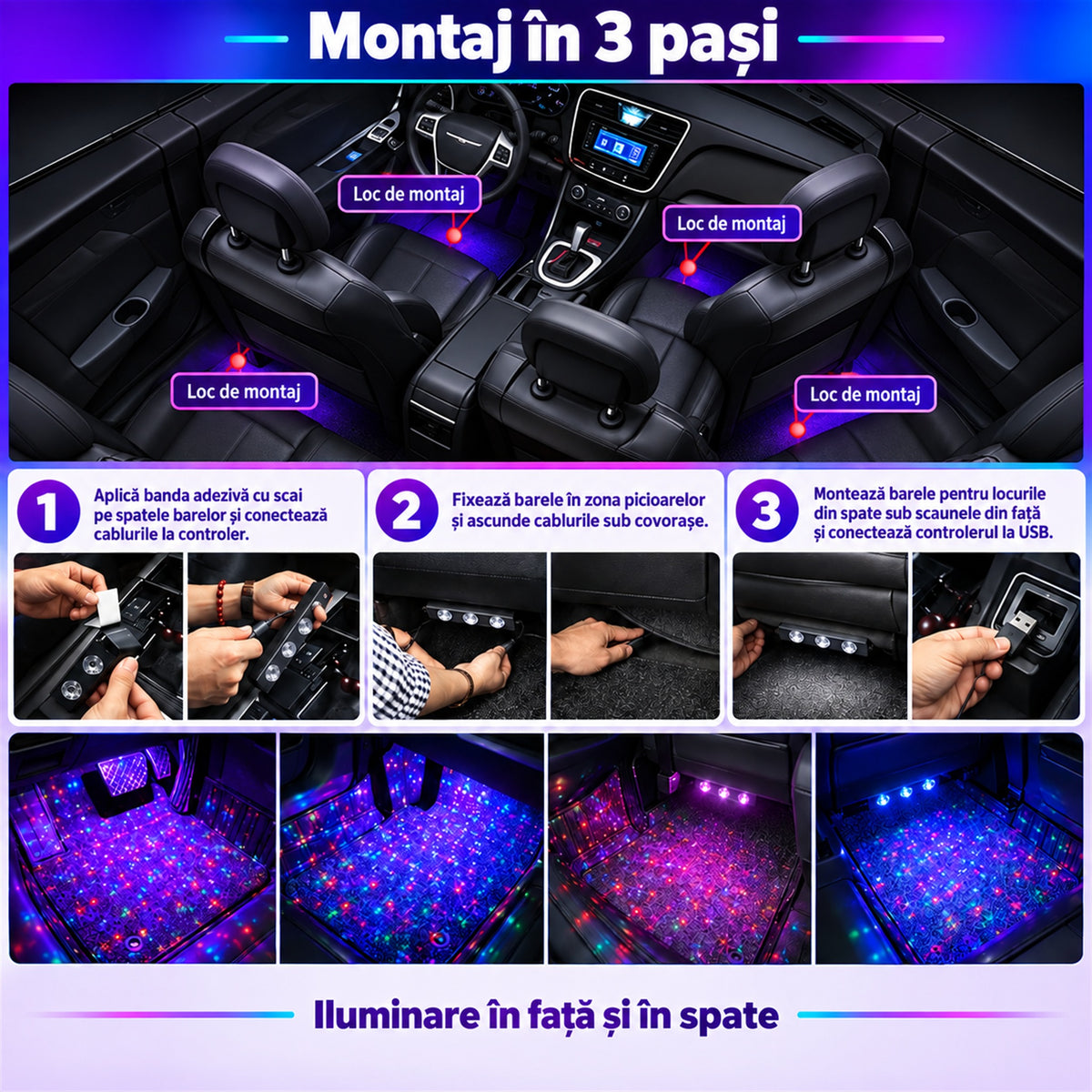 LUMINI LED AUTO 7 CULORI CU CONTROL MUZICAL - AMBIANȚĂ ÎN MAȘINĂ (MUSICGLOW)