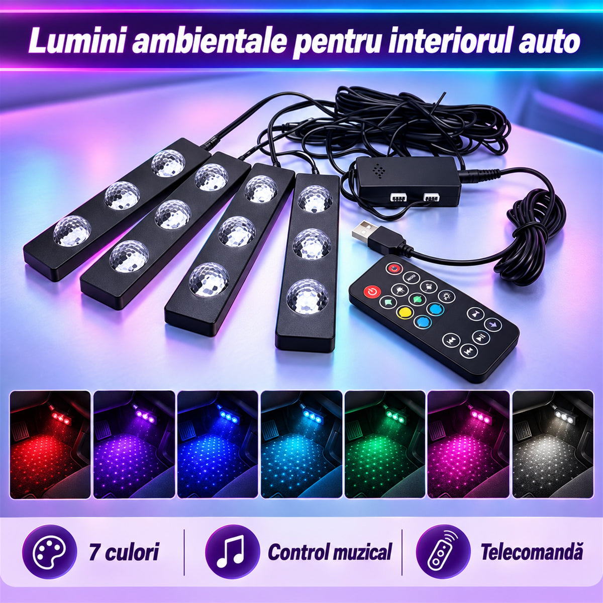 LUMINI LED AUTO 7 CULORI CU CONTROL MUZICAL - AMBIANȚĂ ÎN MAȘINĂ (MUSICGLOW)