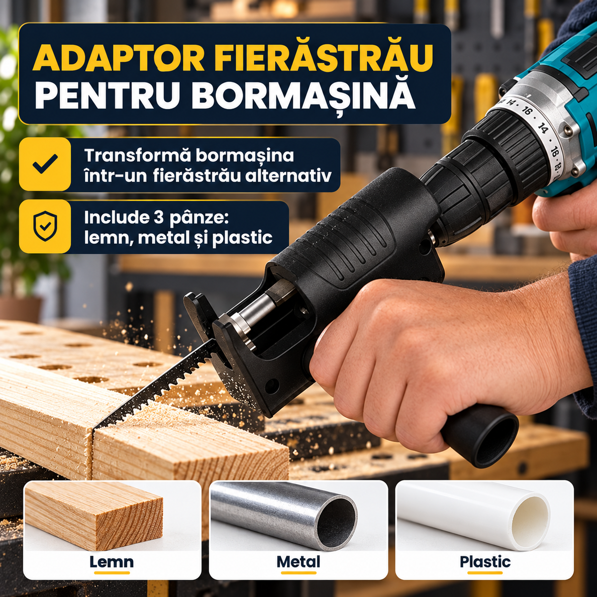ADAPTOR FIERĂSTRĂU PENTRU BORMAȘINĂ - TAIE LEMN ȘI METAL (SAWDRIVE)