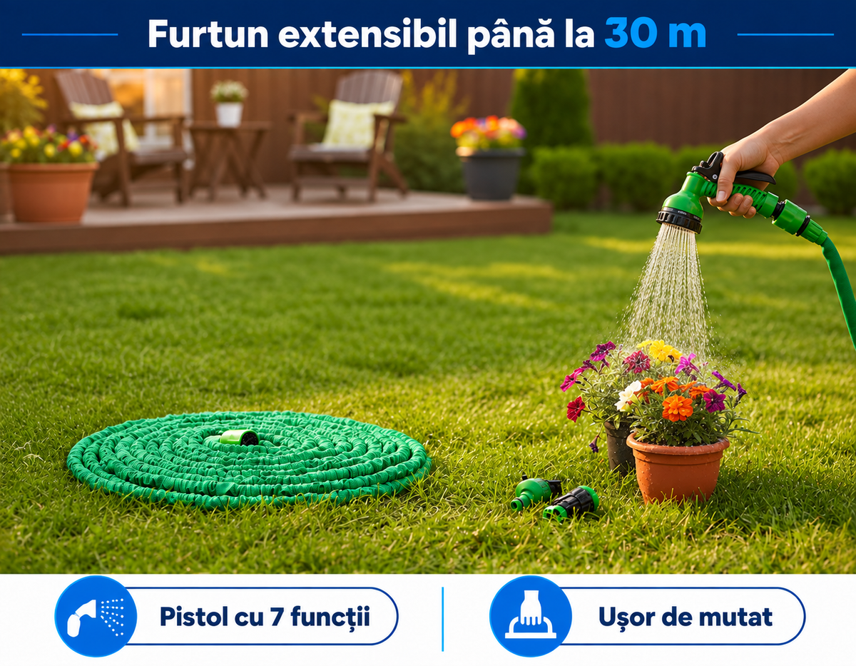 FURTUN EXTENSIBIL 30M CU PISTOL - UDARE UȘOARĂ (AQUAFLEX)