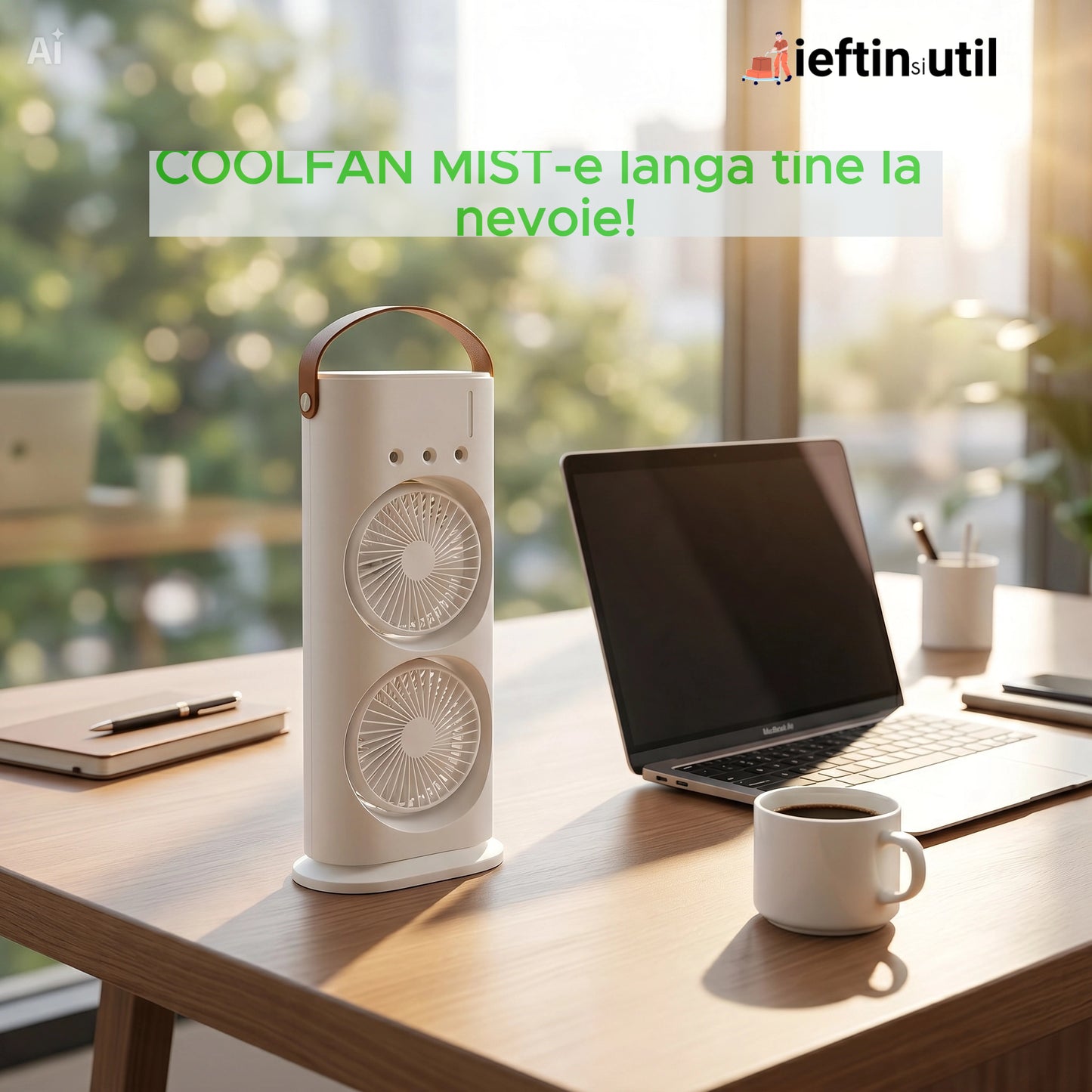 COOLFAN MIST – Ventilator Portabil cu Pulverizare 360°, USB, 3 Trepte, Lumină Ambientală