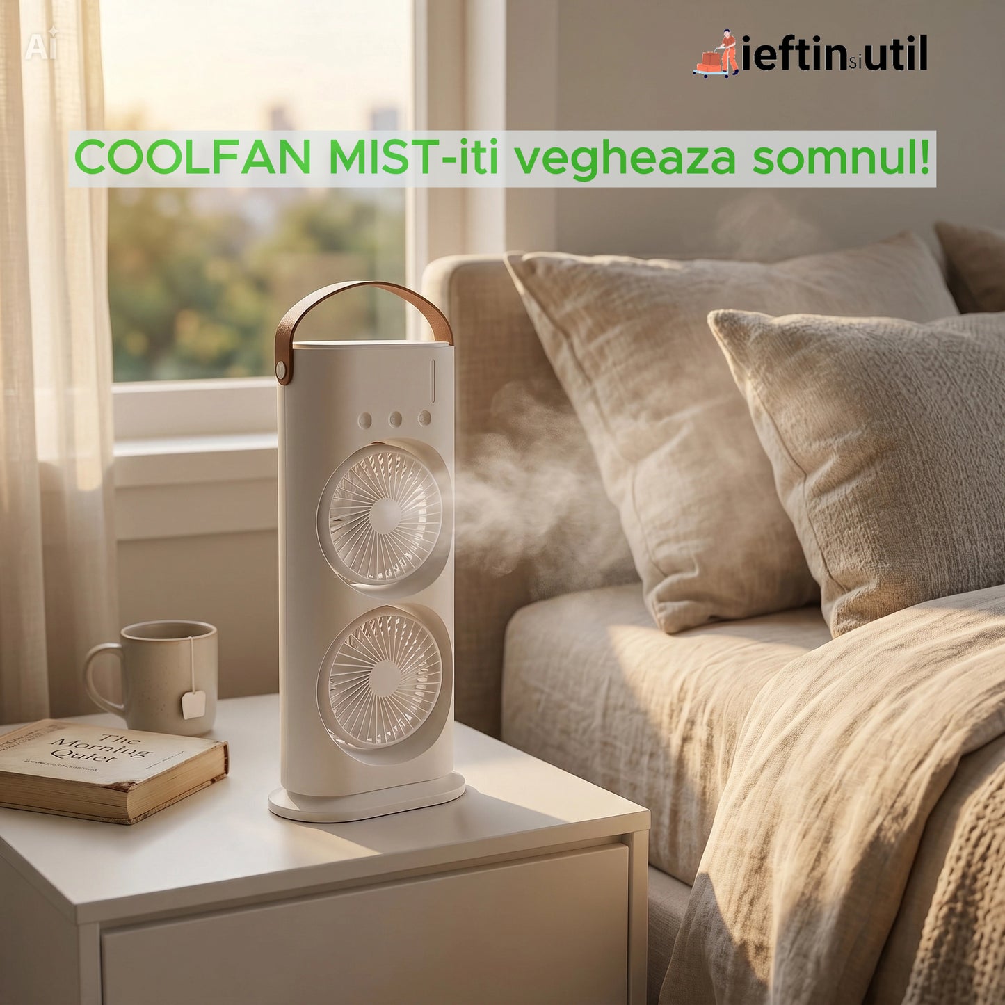 COOLFAN MIST – Ventilator Portabil cu Pulverizare 360°, USB, 3 Trepte, Lumină Ambientală