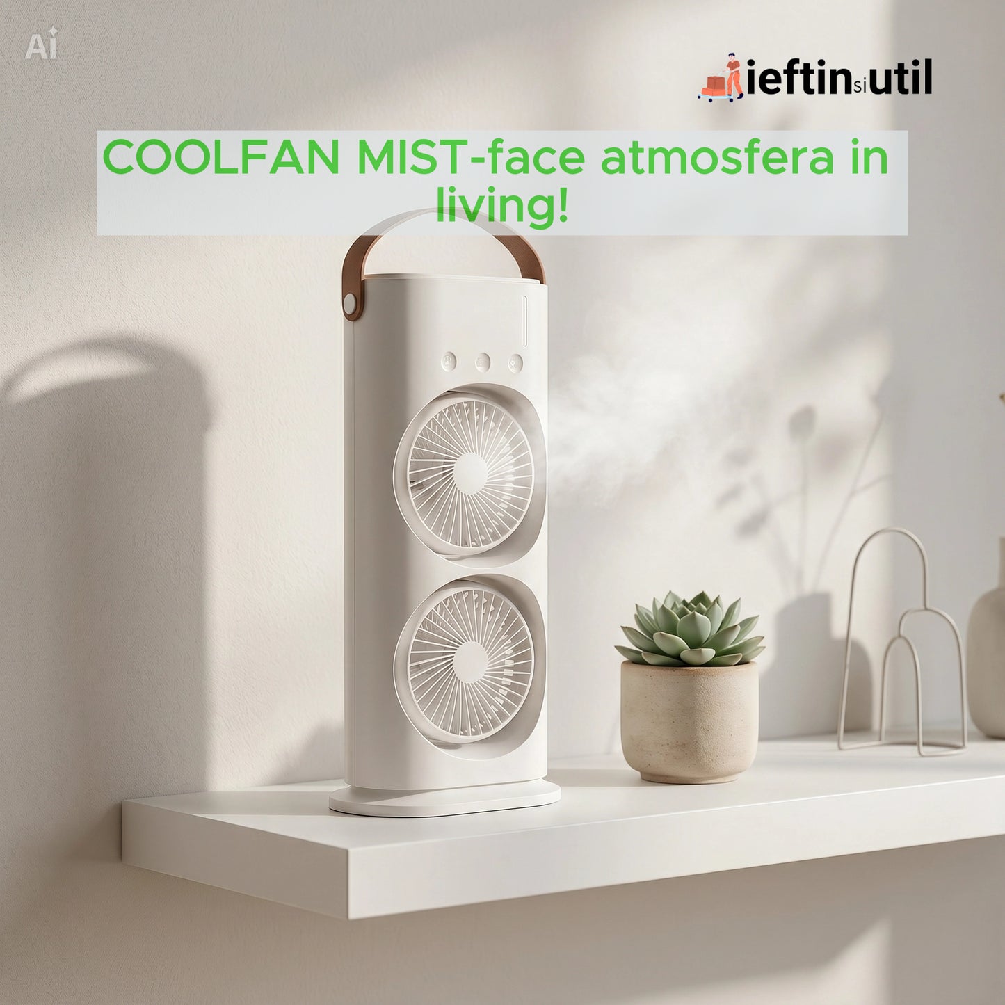 COOLFAN MIST – Ventilator Portabil cu Pulverizare 360°, USB, 3 Trepte, Lumină Ambientală
