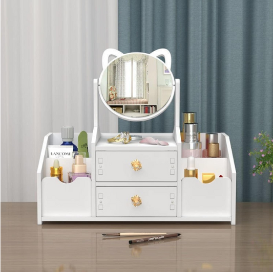 GLAMORGANIZER – Organizator cosmetice cu oglindă – 2 sertare & 4 compartimente, alb elegant