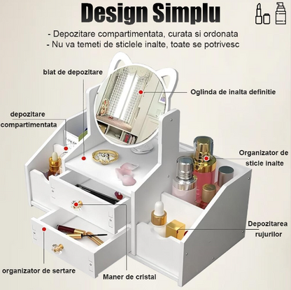 GLAMORGANIZER – Organizator cosmetice cu oglindă – 2 sertare & 4 compartimente, alb elegant