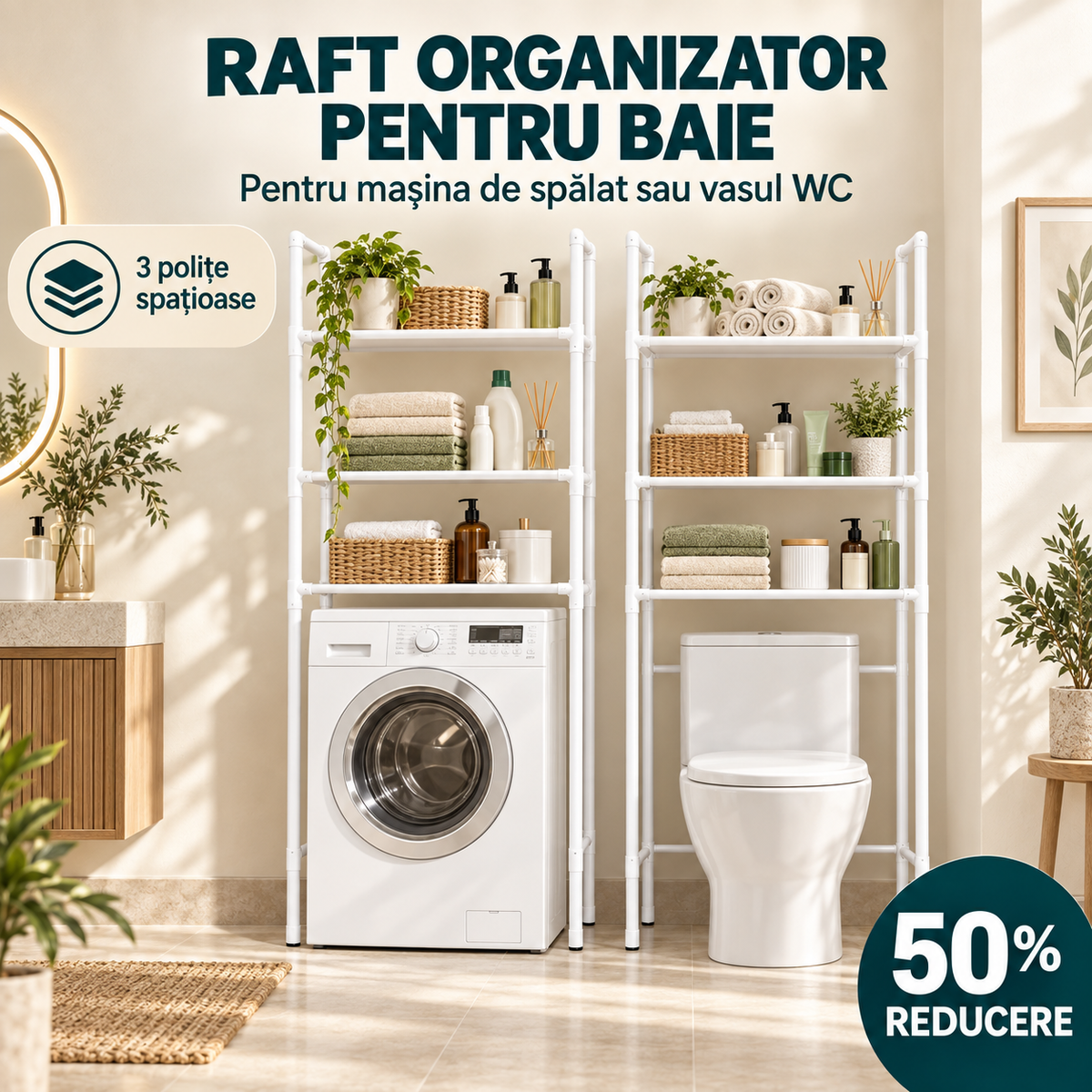 RAFT METALIC CU 3 POLITE - ORDINE ÎN BAIE ȘI SPĂLĂTORIE (RAFT3POLITE)