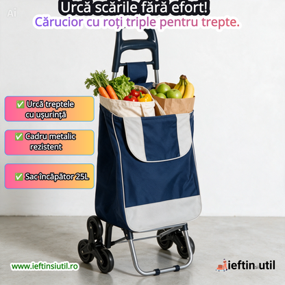 CĂRUCIOR CUMPĂRĂTURI CU ROȚI TRIPLE - MERGE UȘOR PE TREPTE (STAIRROLL)