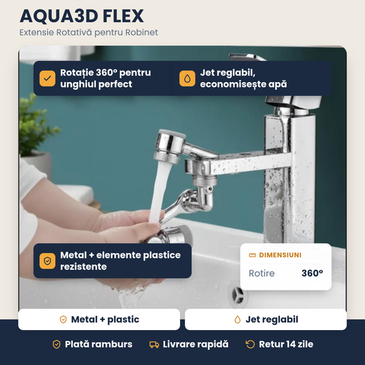 AQUA3D FLEX – Extensie Metalică Rotativă pentru Robinet, Jet Reglabil și Economie de Apă