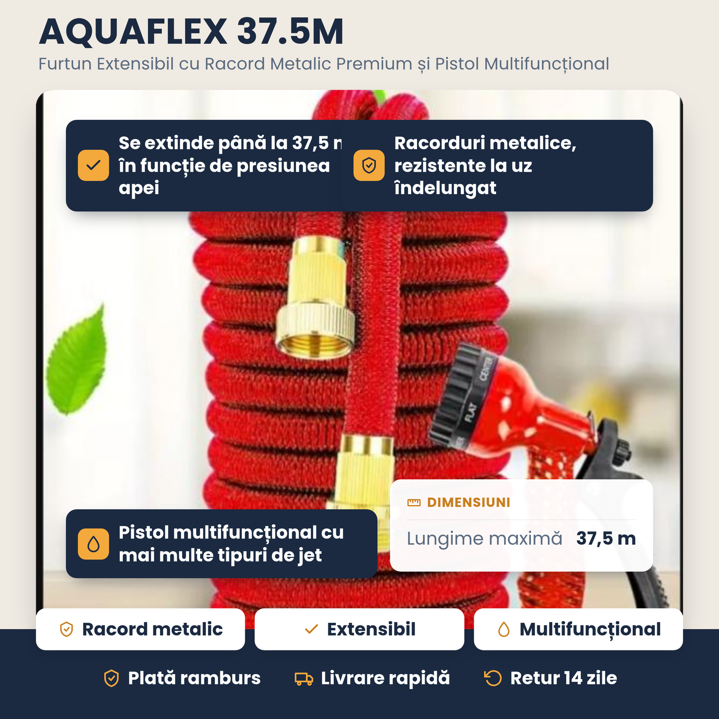 AQUAFLEX 37.5M – Furtun Extensibil cu Racord Metalic Premium și Pistol Multifuncțional