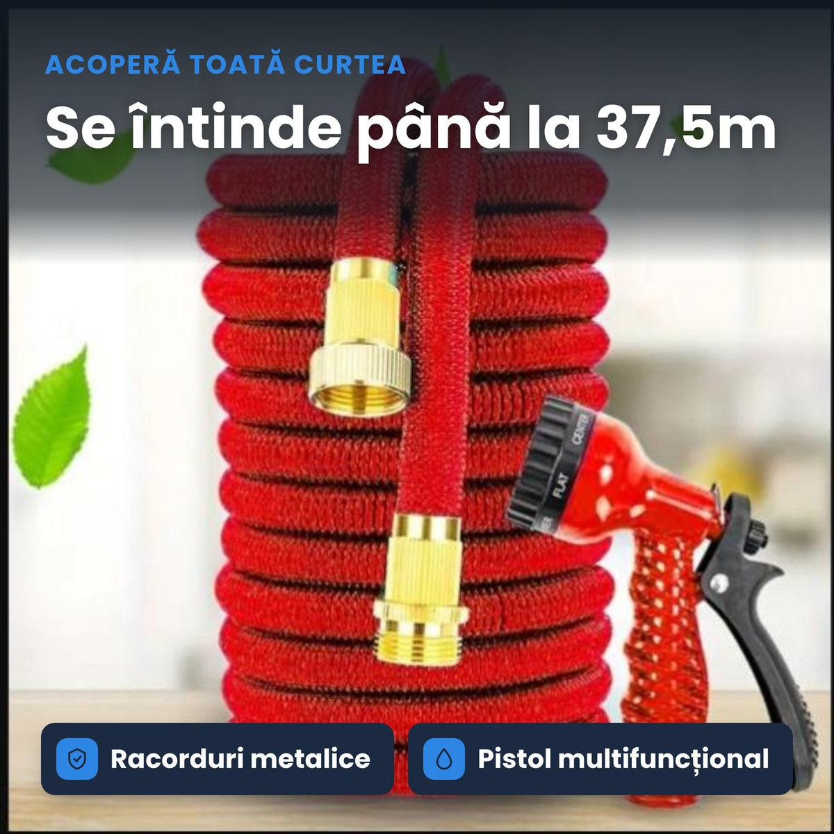 AQUAFLEX 37.5M – Furtun Extensibil cu Racord Metalic Premium și Pistol Multifuncțional