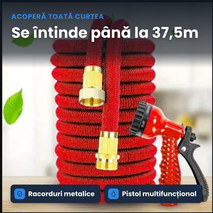 AQUAFLEX 37.5M – Furtun Extensibil cu Racord Metalic Premium și Pistol Multifuncțional