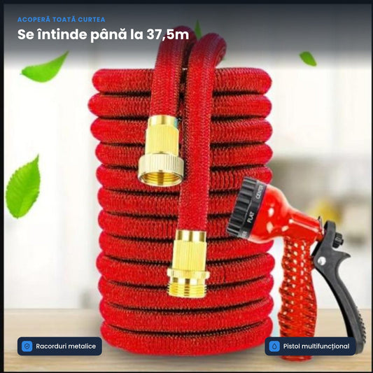 AQUAFLEX 37.5M – Furtun Extensibil cu Racord Metalic Premium și Pistol Multifuncțional