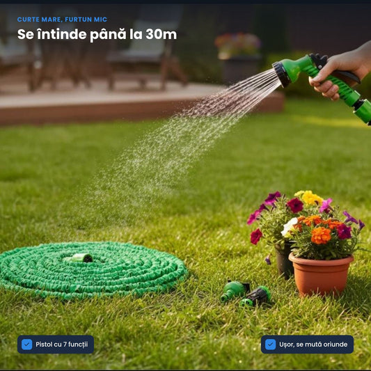 AQUAFLEX 30M – Furtun de Grădină Extensibil cu Pistol 7 Funcții