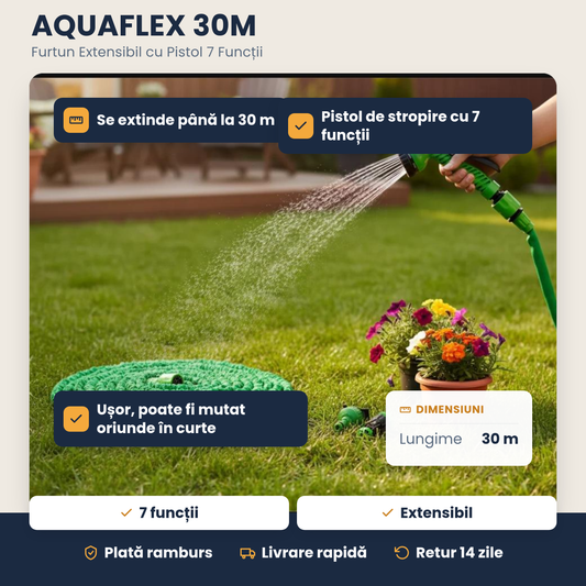 AQUAFLEX 30M – Furtun de Grădină Extensibil cu Pistol 7 Funcții