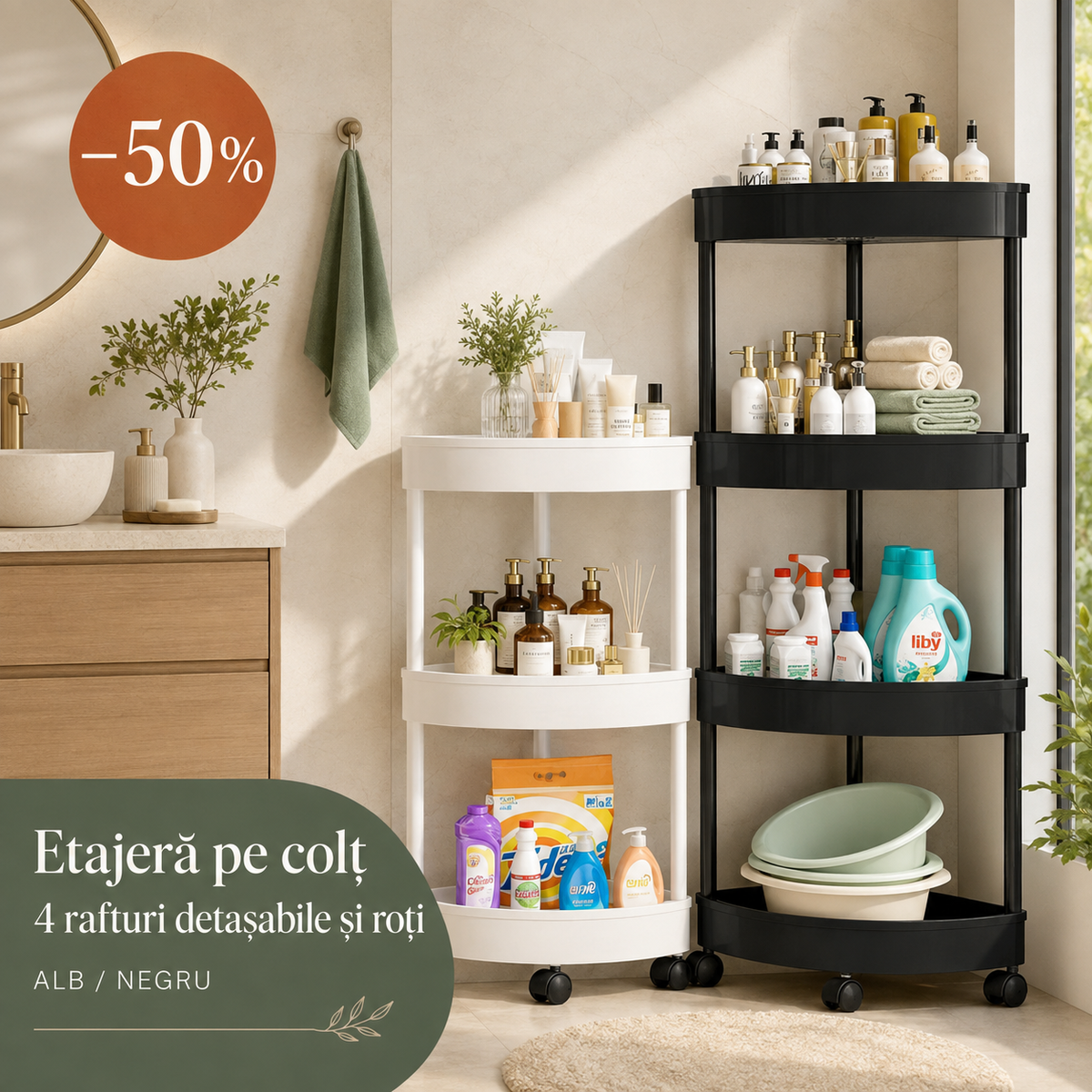 ETAJERĂ PE COLȚ CU 4 RAFTURI ȘI ROȚI - SPAȚIU ALB/NEGRU 90CM (TRICORNER)