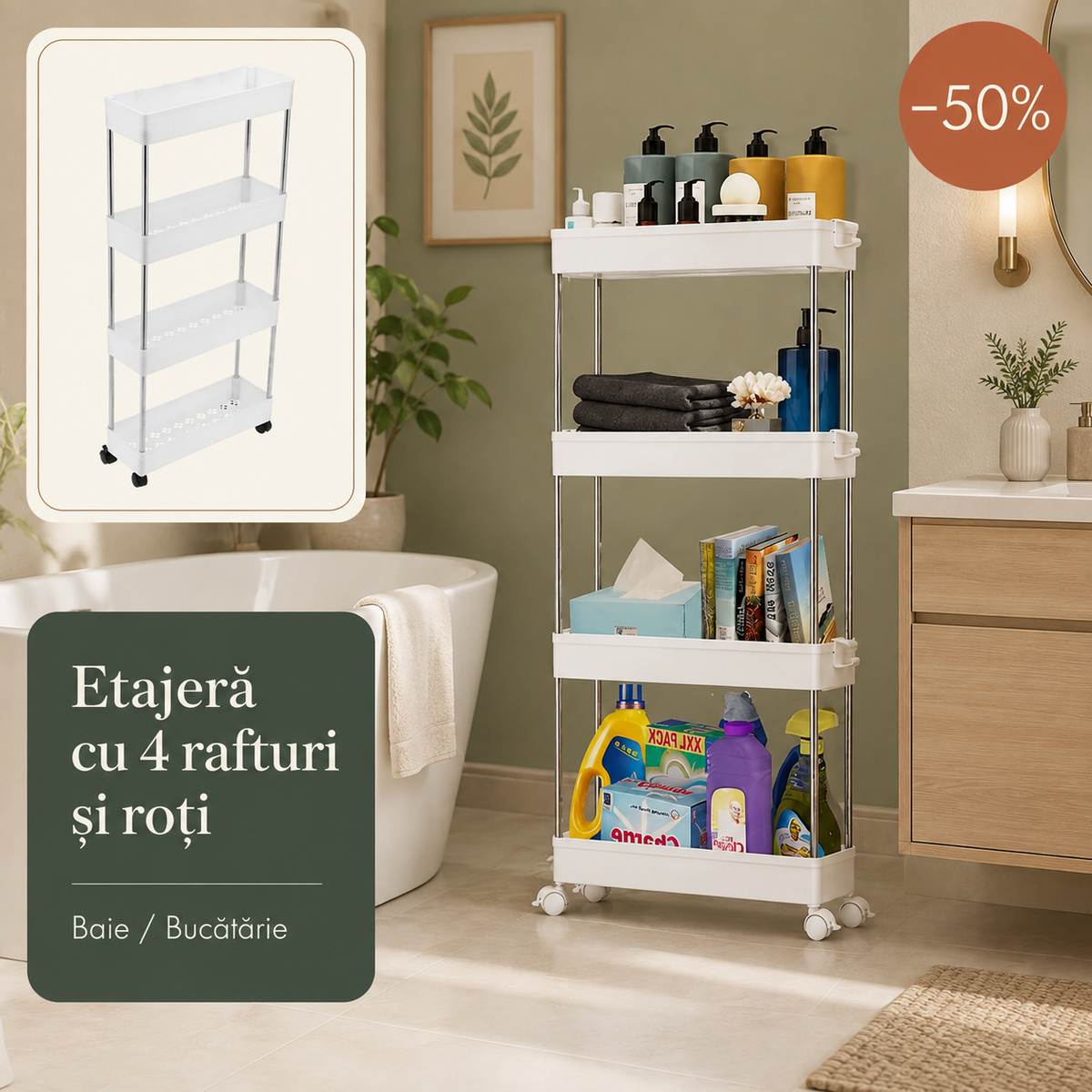 ETAJERĂ CU 4 RAFTURI ȘI ROȚI - SPAȚIU ÎN ORICE CAMERĂ (SLIMROLL)