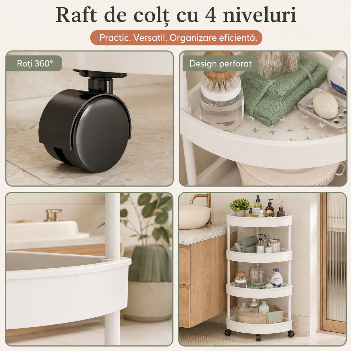 ETAJERĂ PE COLȚ CU 4 RAFTURI ȘI ROȚI - SPAȚIU ALB/NEGRU 90CM (TRICORNER)
