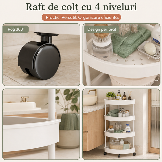ETAJERĂ PE COLȚ CU 4 RAFTURI ȘI ROȚI - SPAȚIU ALB/NEGRU 90CM (TRICORNER)