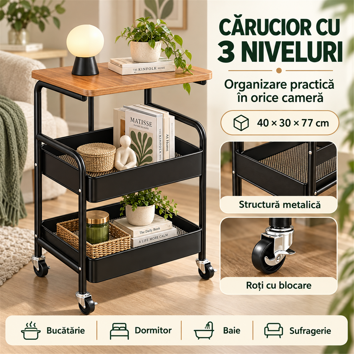 CĂRUCIOR METALIC CU 3 NIVELE - ORDINE PERFECTĂ ORIUNDE (CARTROLL)