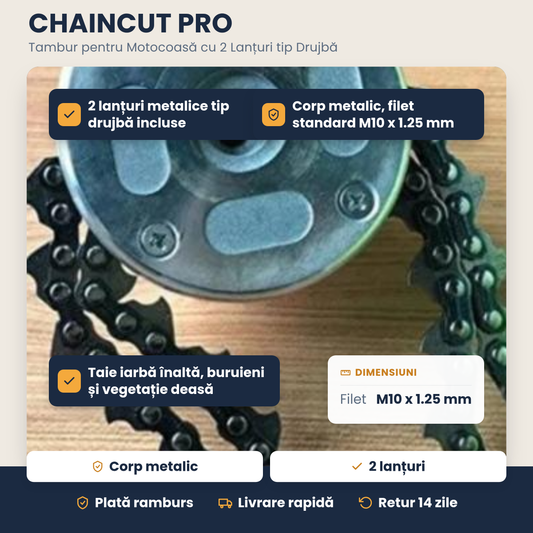 CHAINCUT PRO – Tambur pentru Motocoasă cu 2 Lanțuri tip Drujbă, Filet M10 x 1.25 mm