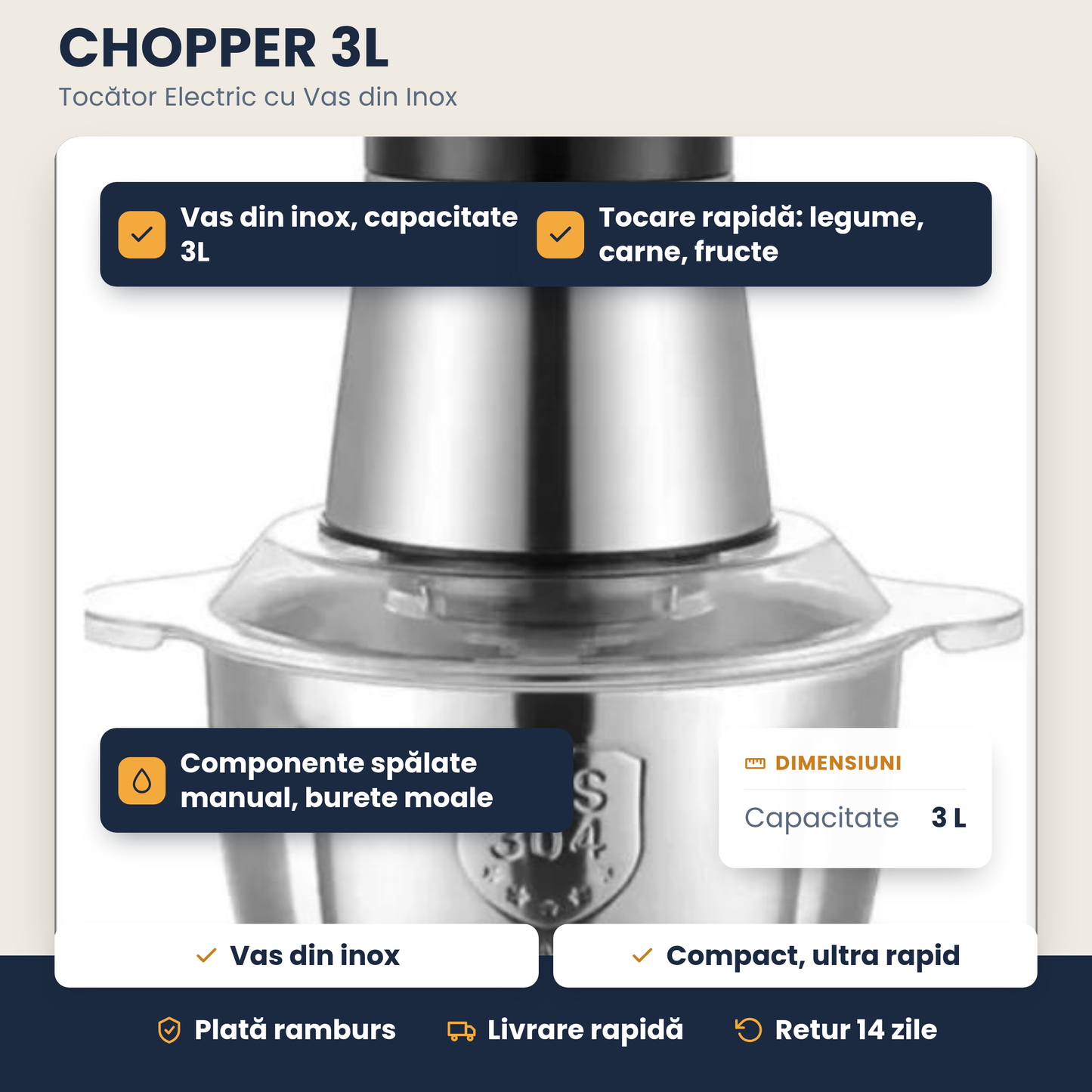 CHOPPER 3L – Tocător Electric cu Vas din Inox, Compact și Ultra Rapid