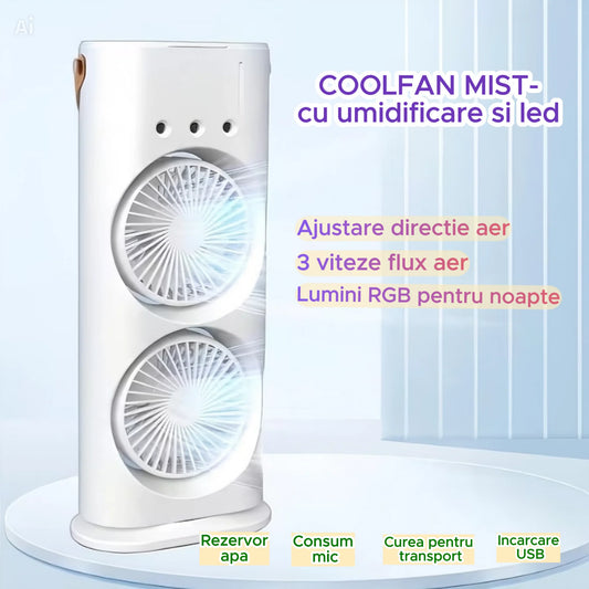 COOLFAN MIST – Ventilator Portabil cu Pulverizare 360°, USB, 3 Trepte, Lumină Ambientală