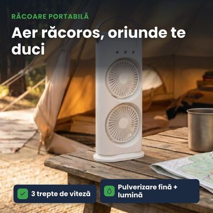 COOLFAN MIST – Ventilator Portabil cu Pulverizare 360°, USB, 3 Trepte, Lumină Ambientală