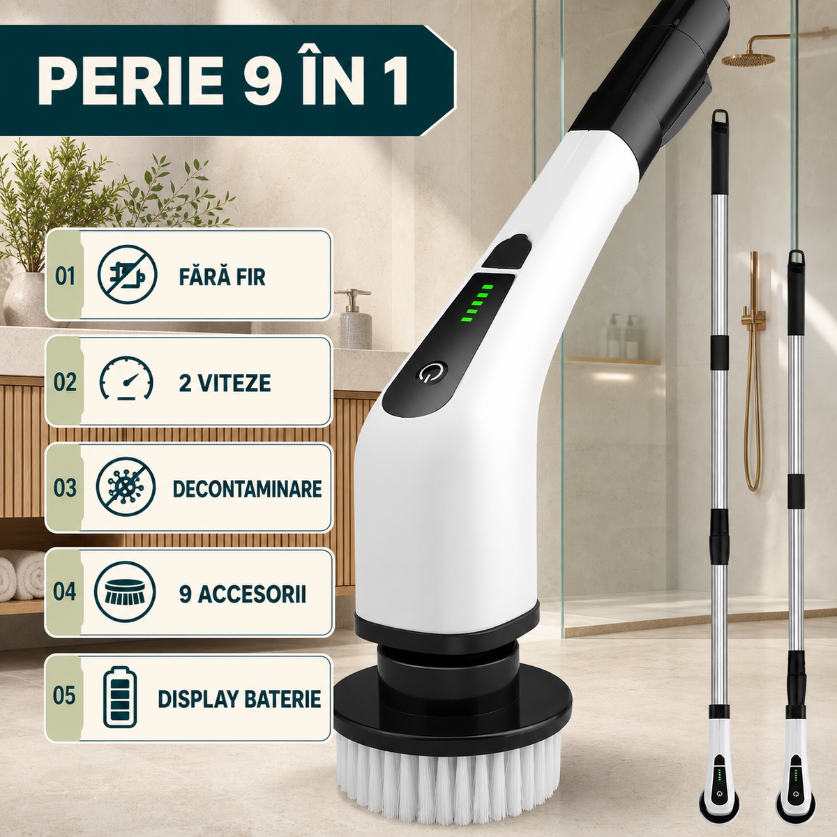 PERIE ELECTRICĂ ROTATIVĂ 9 ÎN 1 - CURĂȚĂ RAPID GRESIE ȘI JANTE (SPINCLEAN)