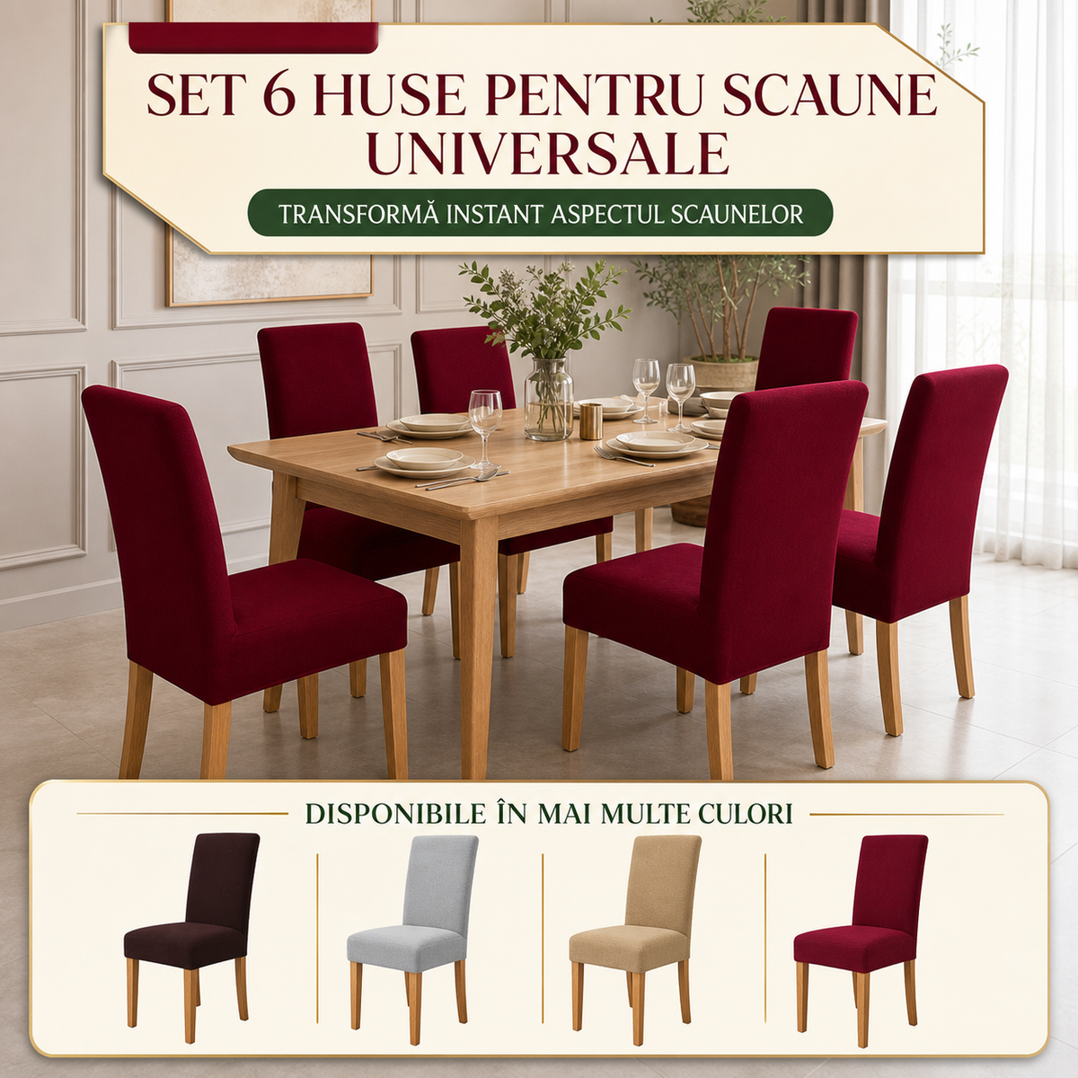 SET 6 HUSE ELASTICE PENTRU SCAUN - SCAUNE ÎNNOITE INSTANT (ENGROSS)