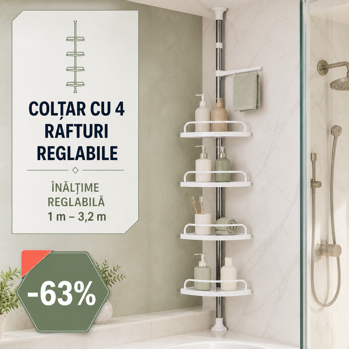 RAFT DE BAIE CU 4 POLITE, EXTENSIBIL - ORGANIZARE FĂRĂ GĂURI (CORNERFIX)