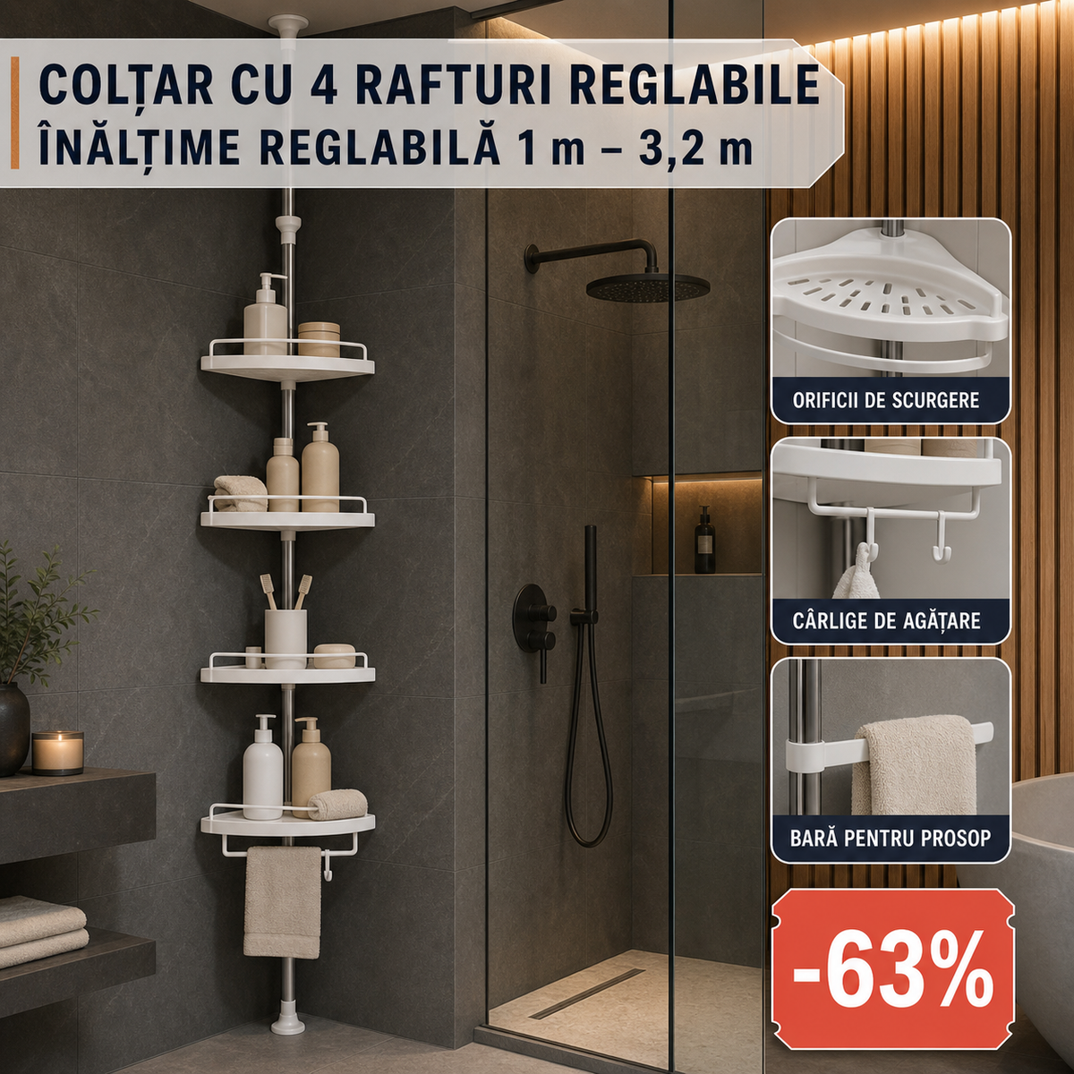 RAFT DE BAIE CU 4 POLITE, EXTENSIBIL - ORGANIZARE FĂRĂ GĂURI (CORNERFIX)