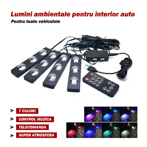 MUSICGLOW CAR – Lumini LED Ambientale Auto cu 7 Culori, Control Muzical și Telecomandă