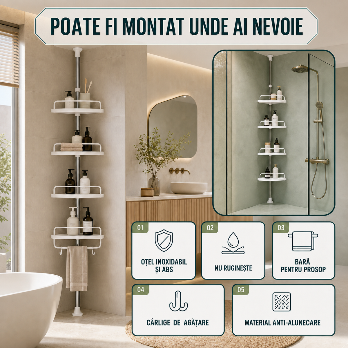 RAFT DE BAIE CU 4 POLITE, EXTENSIBIL - ORGANIZARE FĂRĂ GĂURI (CORNERFIX)