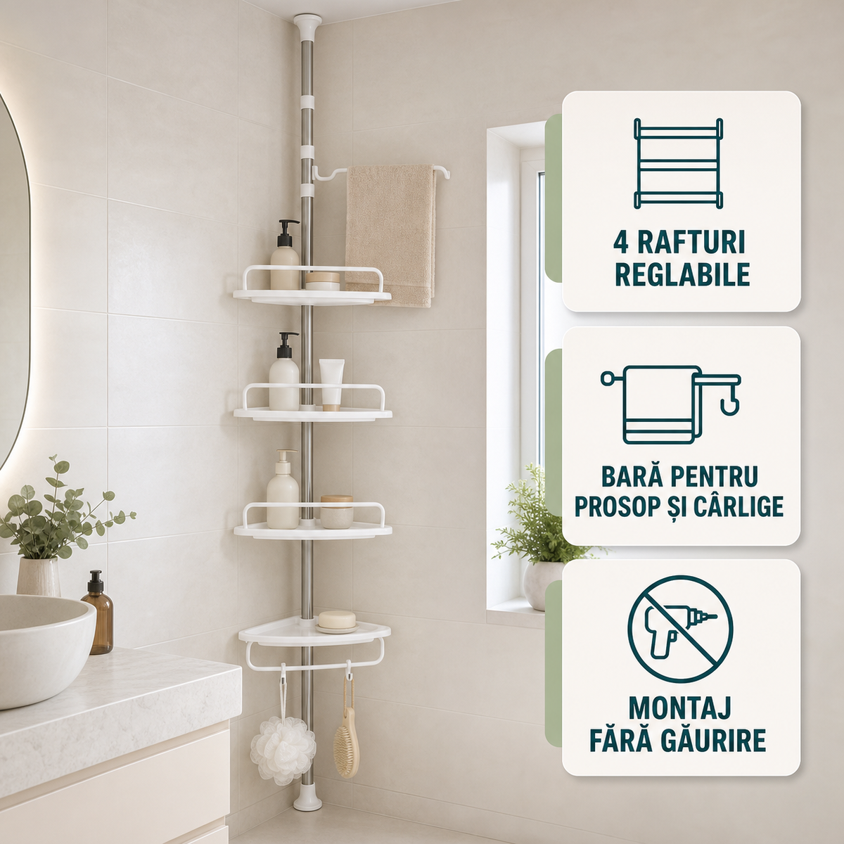RAFT DE BAIE CU 4 POLITE, EXTENSIBIL - ORGANIZARE FĂRĂ GĂURI (CORNERFIX)