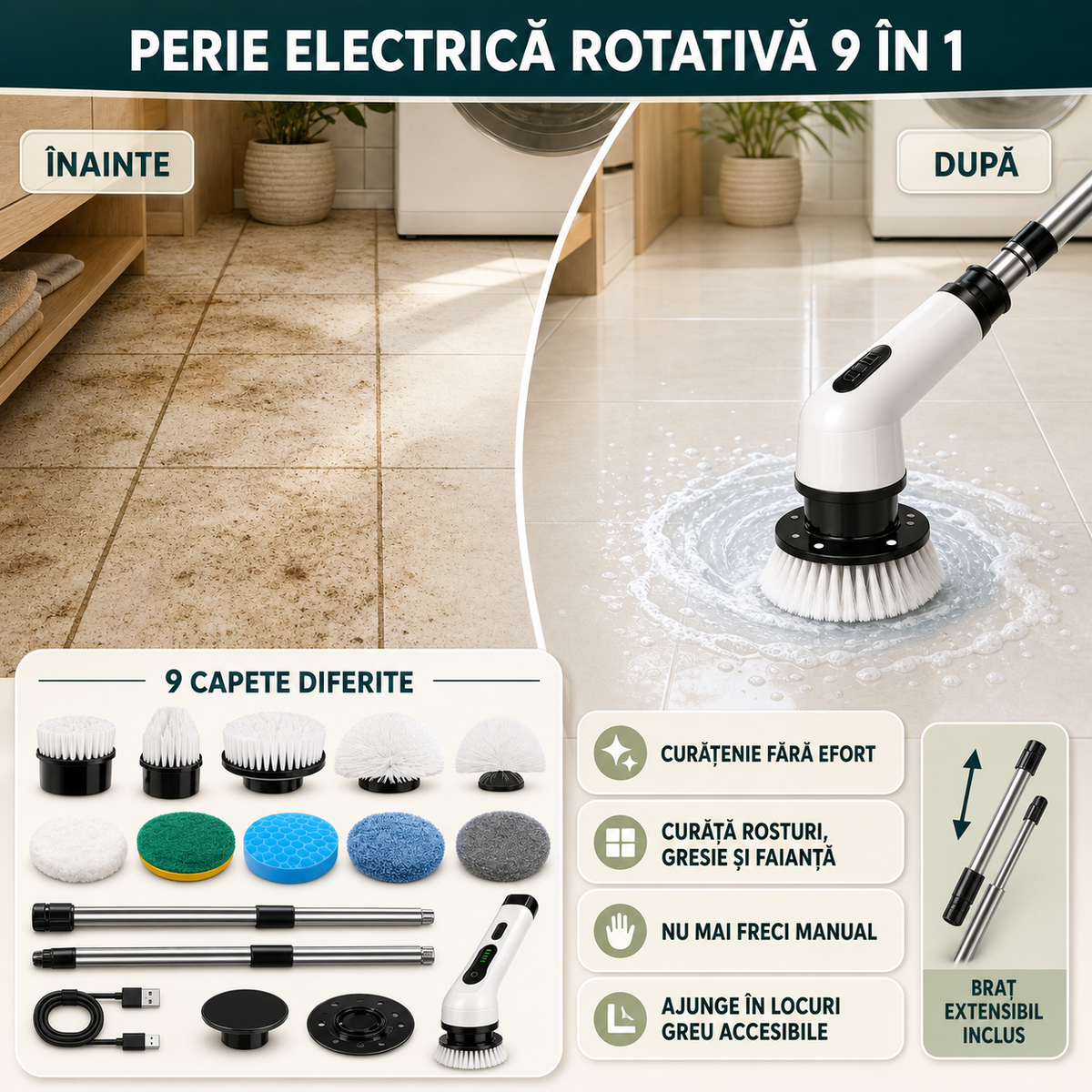 PERIE ELECTRICĂ ROTATIVĂ 9 ÎN 1 - CURĂȚĂ RAPID GRESIE ȘI JANTE (SPINCLEAN)