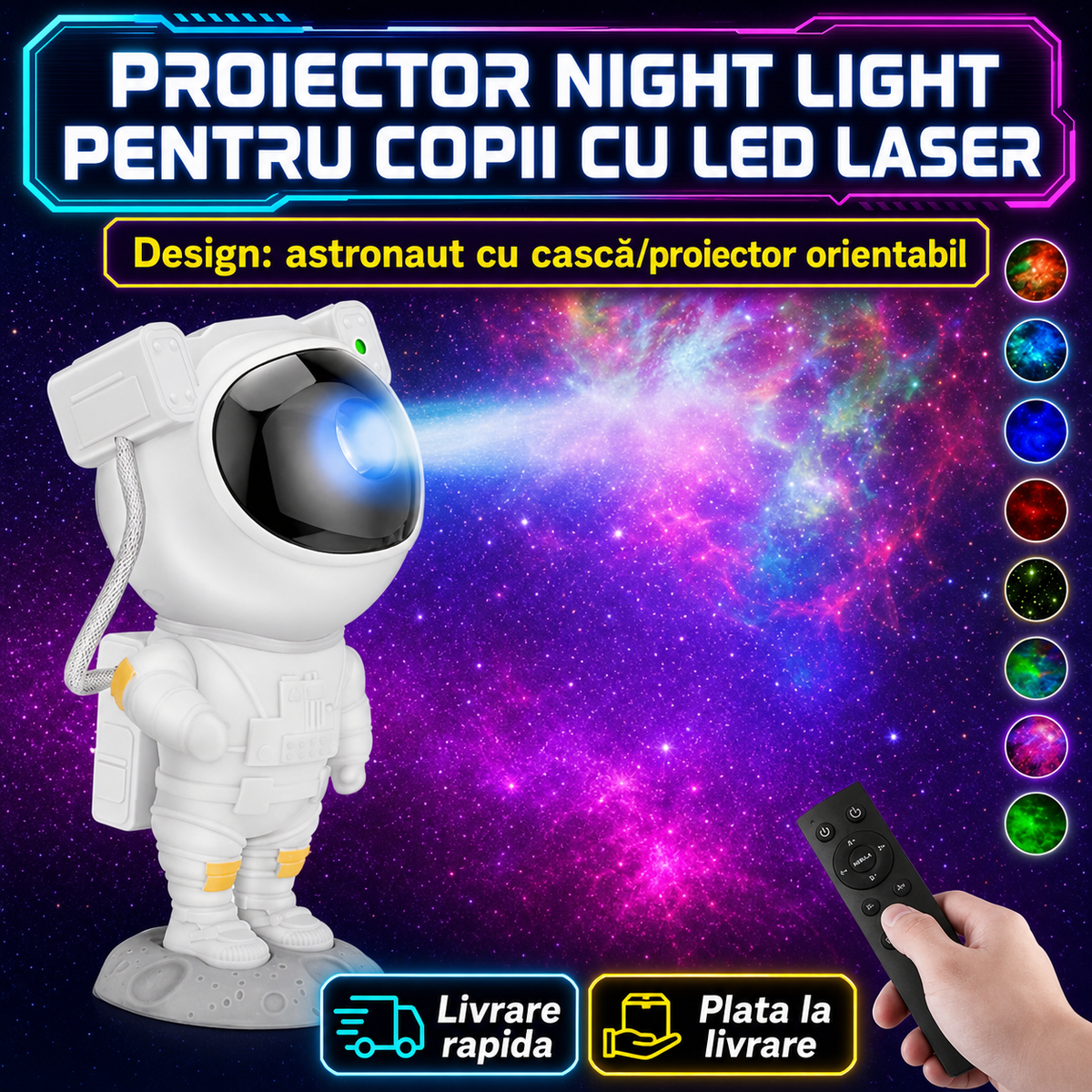 PROIECTOR NIGHT LIGHT ASTRONAUT - MAGIE ÎN CAMERA COPIILOR (STARS PROIECTOR)