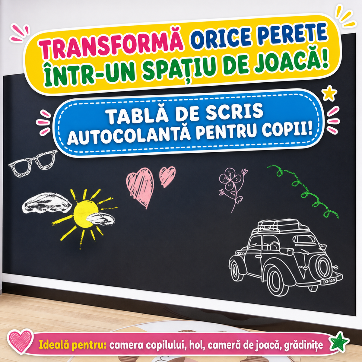 TABLĂ DE SCRIS AUTOCOLANTĂ PENTRU COPII - SPAȚIU DE JOACĂ PE PERETE (WALLDOODLE)