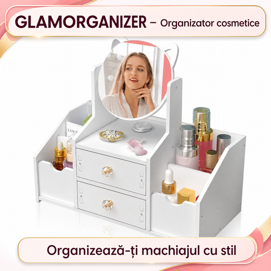 GLAMORGANIZER – Organizator cosmetice cu oglindă – 2 sertare & 4 compartimente, alb elegant